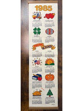 Vintage 1985 Wall Calendar With Seasonal Illustrations & Wooden Hanger